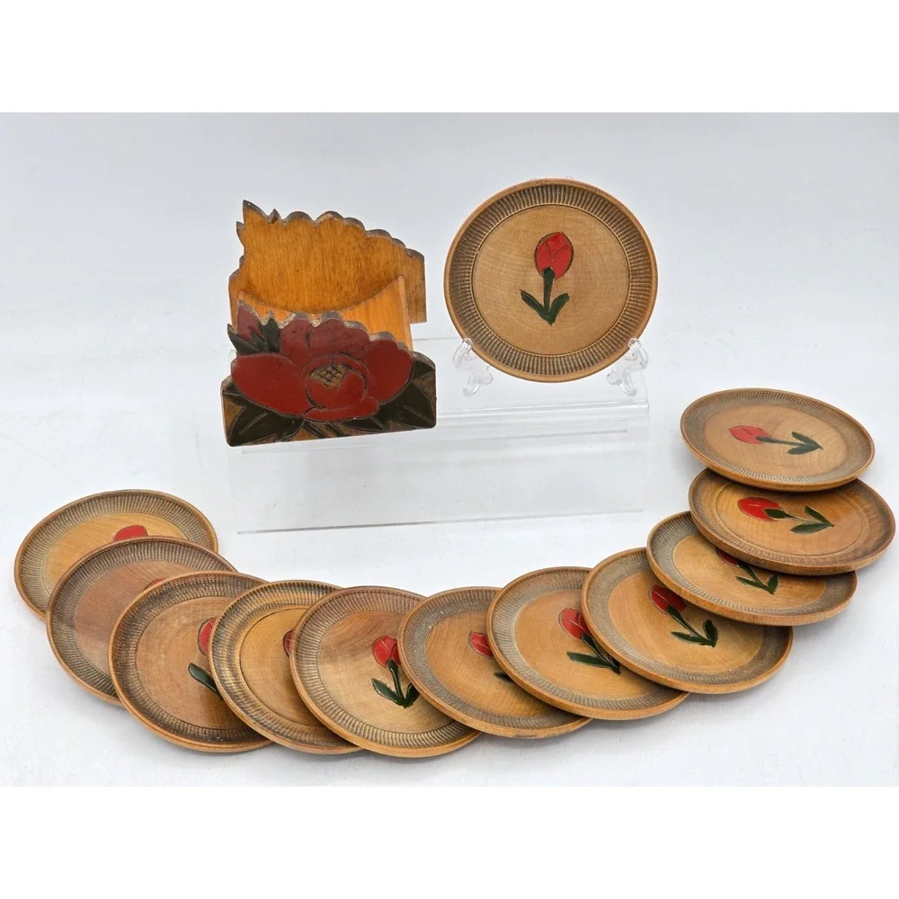 Vtg 12 Coaster Set with Holder Occupied Japan‎ Wood With Carved Flower Bud